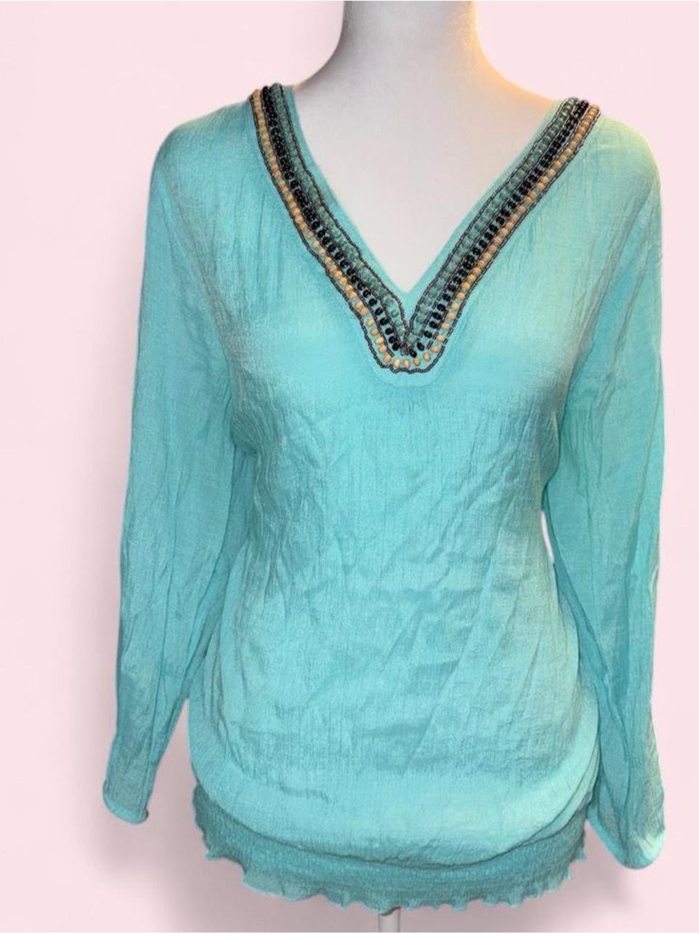Zac & Rachel Turquoise V-Neck Beaded Long Sleeve Tunic